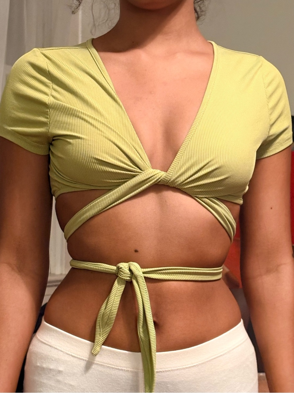 Twist-Front Sage Green Wrap Crop Top